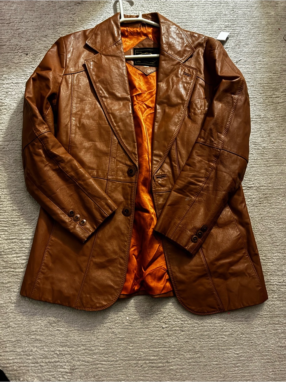 Women's Brown Leather Blazer with Orange Satin Lining